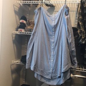 Off-Shoulder Light Blue Button Down Shirt